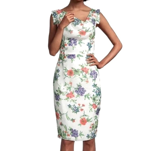 Black Halo Jackie O Sheath Dress White Floral Sequin Garden Party Sheath Size 6 - Picture 3 of 11